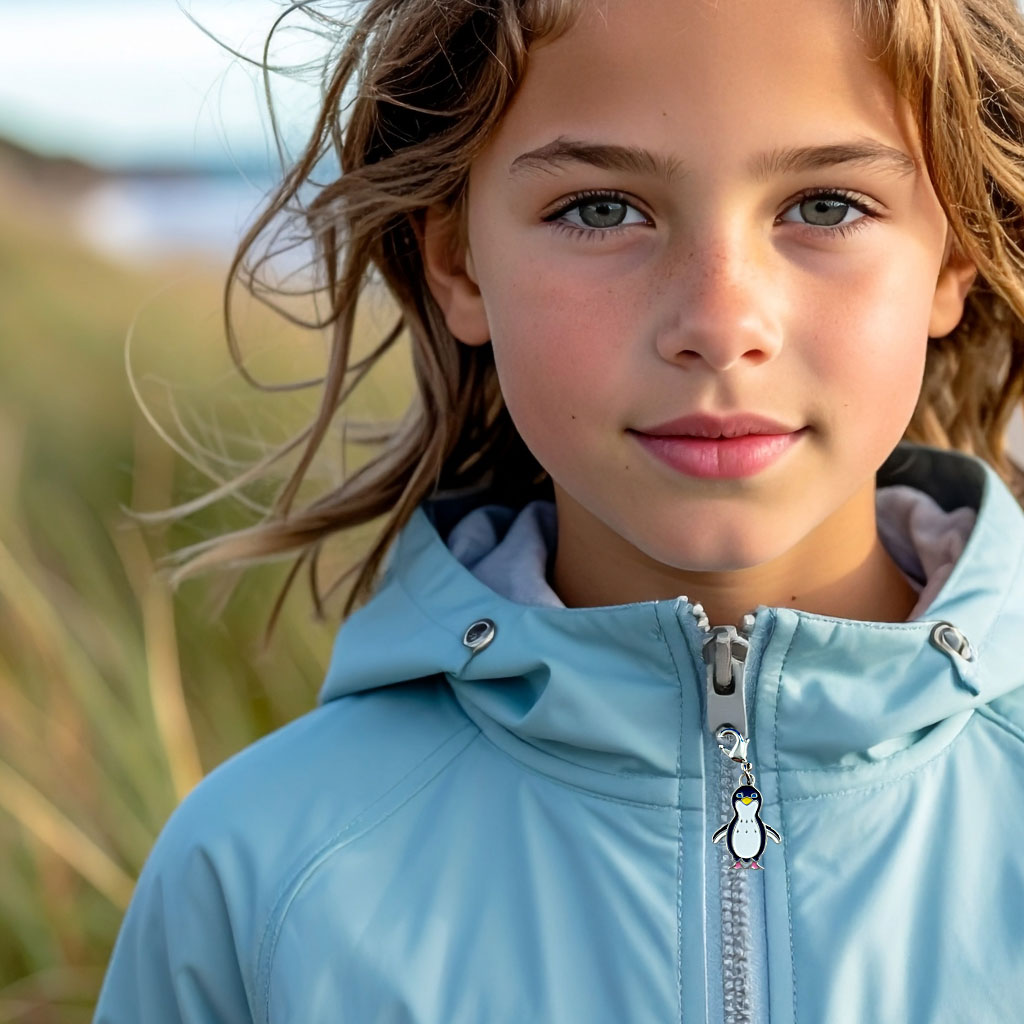 child wearing penguin Eddie charm