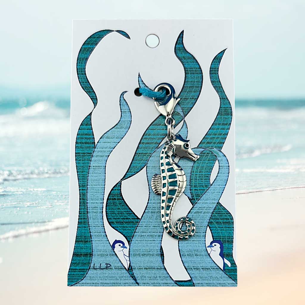 enamel silver seahorse on kelp design card packaging.