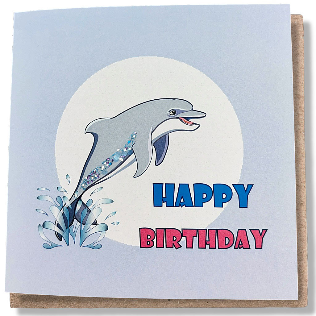 happy dolphin birthday card with bio-glitter