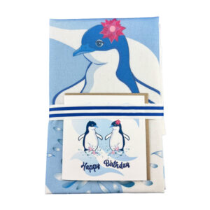 penguin tea towel with birthday card.
