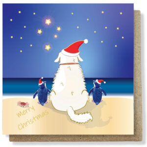 Christmas Starlight Maremma sitting with penguins