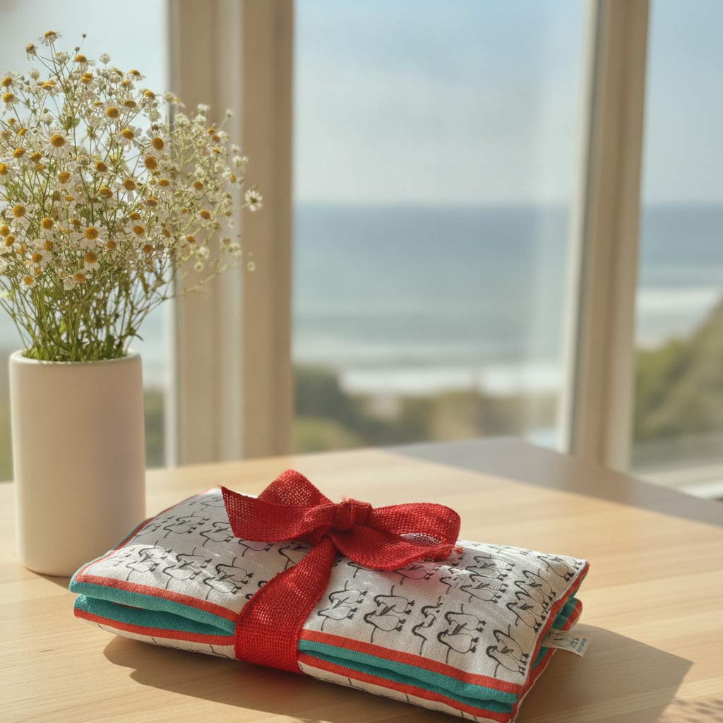 linen heat bag beside a window.
