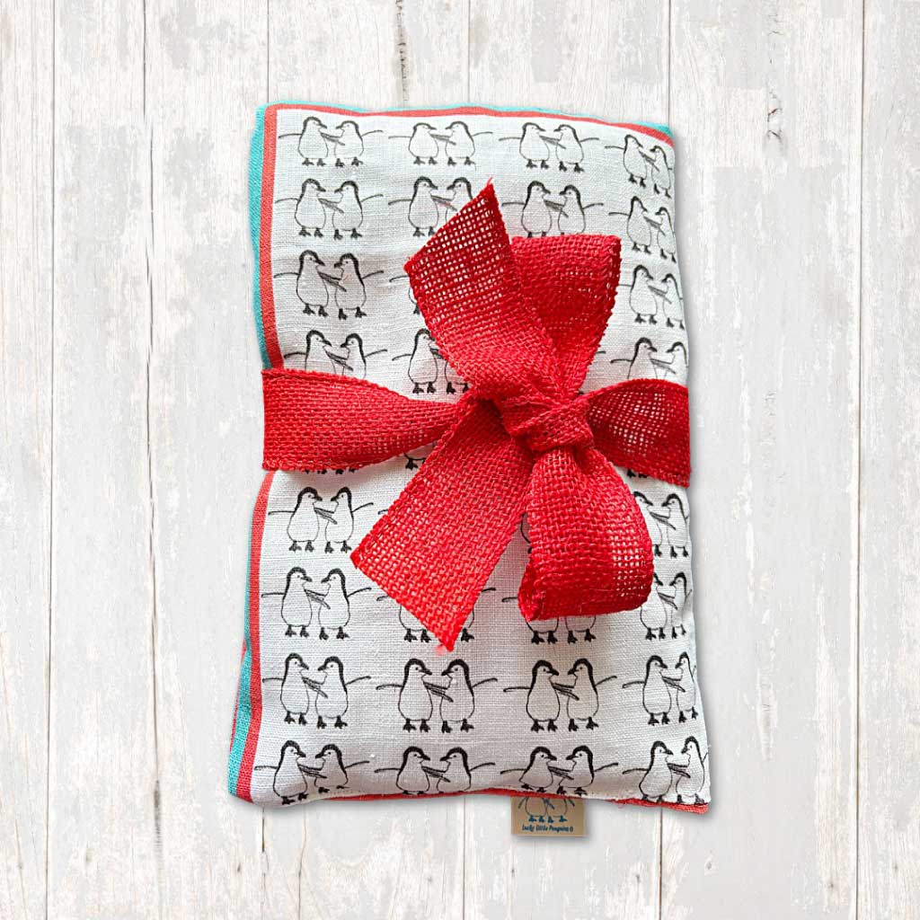 large linen heat bag with hessian ribbon.
